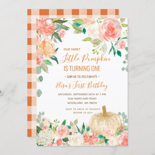 White Glitter Pumpkin With Floral Birthday  Invitation