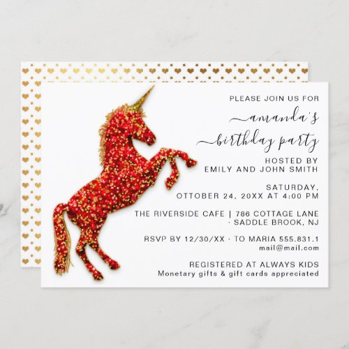 White Glitter Red Gold Glitter Unicorn Hearts  Invitation