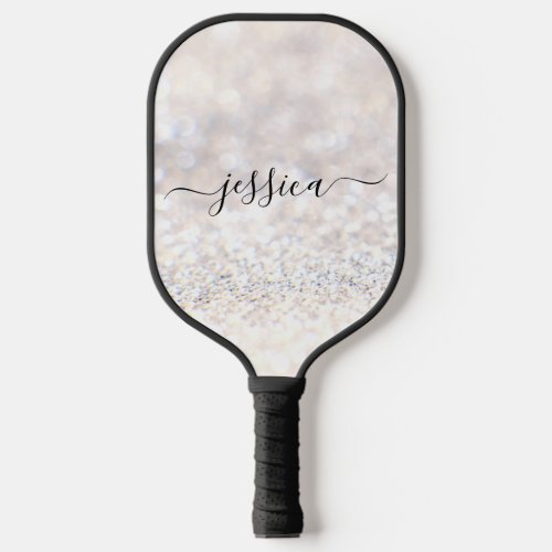 White glitter script name pickleball paddle