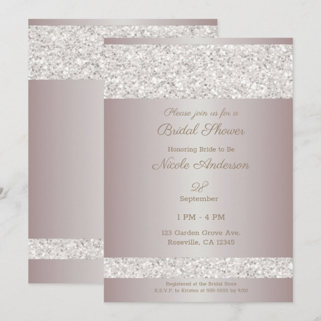 White Glitter Sparkle Blush Pink Bridal Shower Invitation (Front/Back)