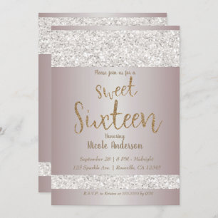 White Glitter Sparkle Blush Pink Sweet 16 Sixteen Invitation