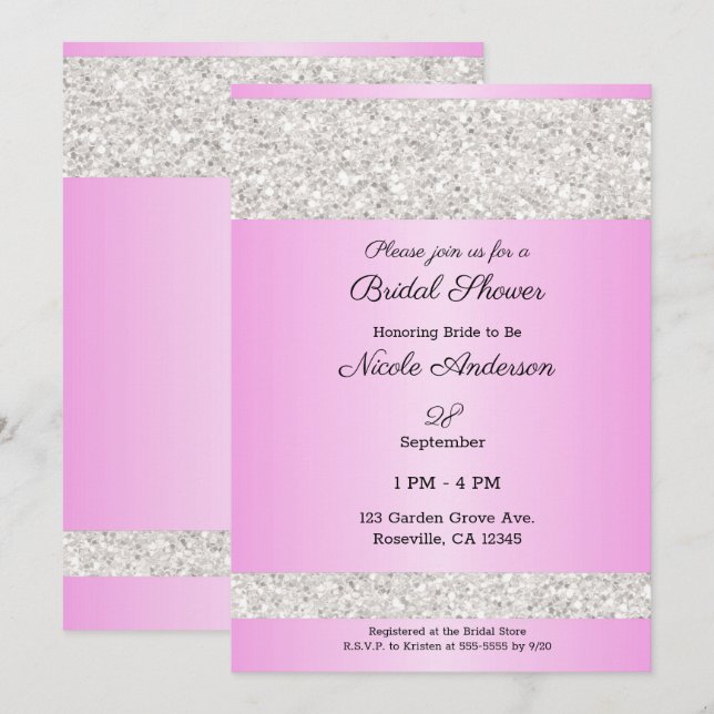 White Glitter Sparkle Pink Glam Bridal Shower Invitation (Front/Back)