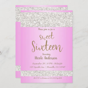 White Glitter Sparkle Pink Sweet 16 Sixteen Party Invitation