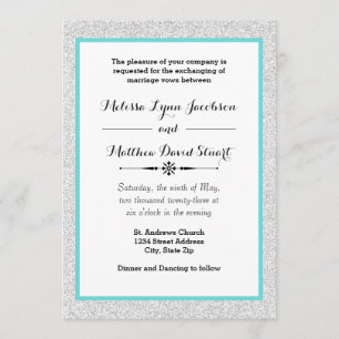 White Glitter & Teal Framed - Wedding Invitation