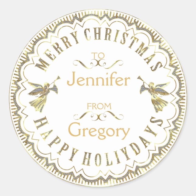 White & Glitter Typographical Christmas & Angels Classic Round Sticker (Front)