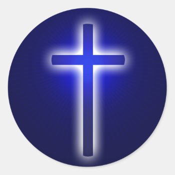 White Glow Religious Cross | Christian Navy Blue Classic Round Sticker by Christian_Designs at Zazzle