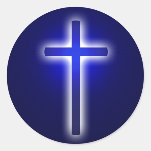 White Glow Religious Cross  Christian Navy Blue Classic Round Sticker