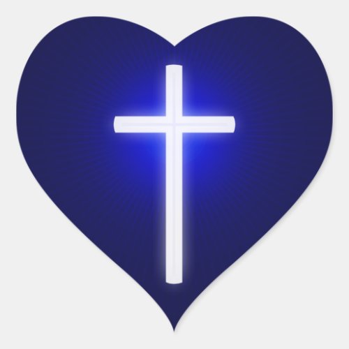 White Glow Religious Cross  Christian Navy Blue Heart Sticker