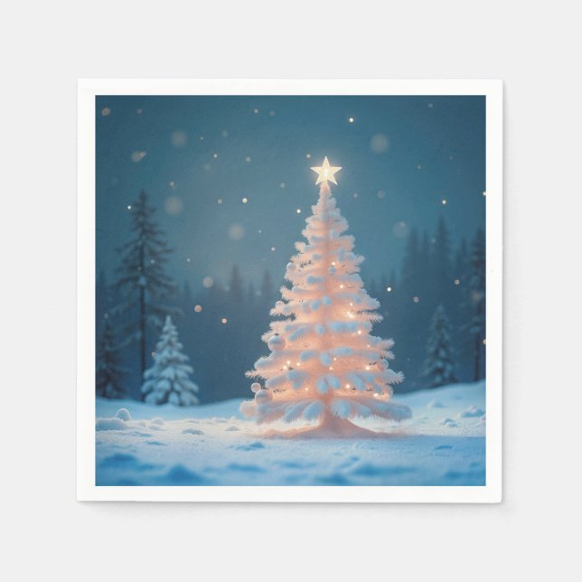 White Glowing Christmas Tree In Snow Napkins (Front)