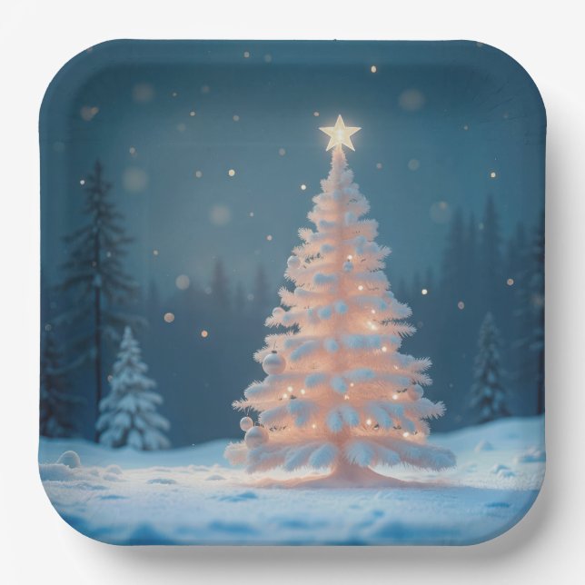 White Glowing Christmas Tree In Snow Paper Plates (Front)