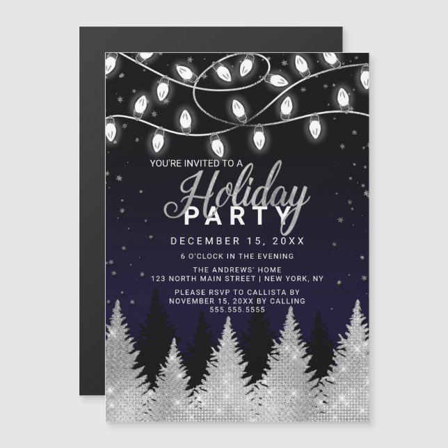 White Glowing Lights Glitter Trees Holiday Party Magnetic Invitation (Front/Back)