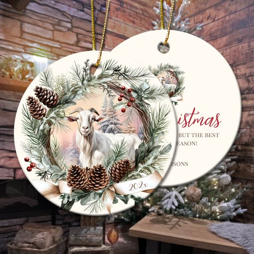 White goat farm animal Christmas pinecone wreath Ceramic Ornament