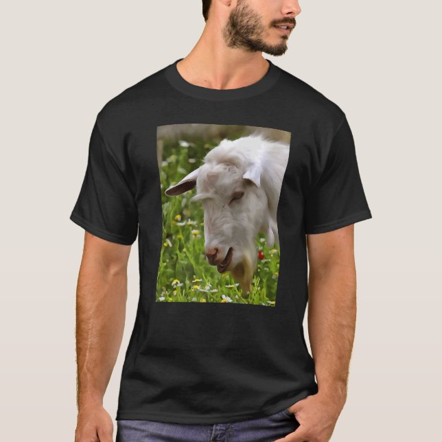 White Goat Grazing Artistic Pet Portrait T-Shirt (Front)