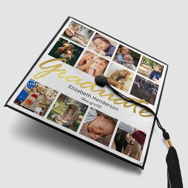 White Gold 12 Photo Collage Graduation Cap Topper (Creator Uploaded)
