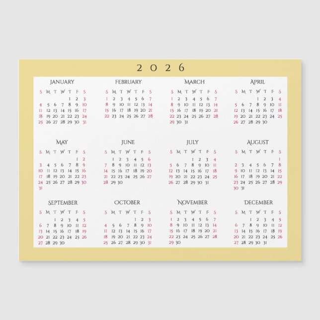 White Gold 2026 Yearly Full Year Calendar Magnet (Front)