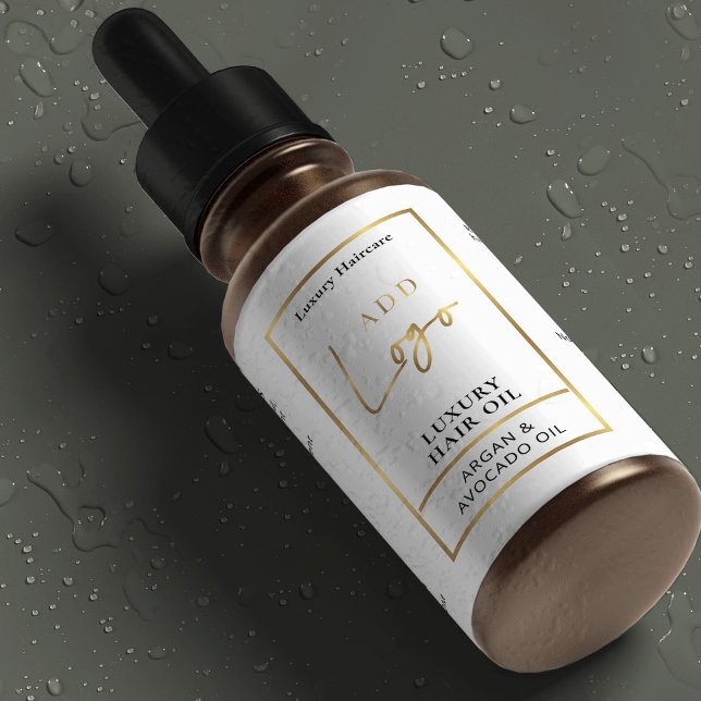 White & Gold 2 OZ Dropper Bottle Waterproof Label (Elegant white and gold effect waterproof product labels for 2 OZ cosmetic bottles *verify size*)