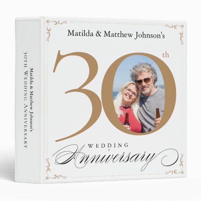 White Gold 30th Wedding Anniversary Custom Photo 3 Ring Binder (Front/Spine)