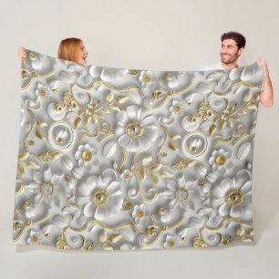White & Gold 3D Floral Decorative Pattern Fleece Blanket