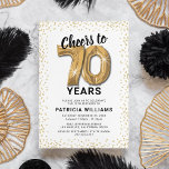 White Gold 70th Birthday Party Invitation<br><div class="desc">Elegant seventieth birthday party invitation featuring a simple white background that can be changed to any color,  gold sparkly glitter,  seventy gold hellium balloons,  and a modern 70th birthday celebration text template that is easy to personalize.</div>