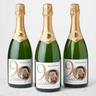 White Gold 90th Birthday Calligraphy Custom Photo Sparkling Wine Label