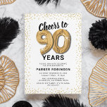White Gold 90th Birthday Party Invitation<br><div class="desc">Elegant ninetieth birthday party invitation featuring a simple white background that can be changed to any color,  gold sparkly glitter,  ninety gold hellium balloons,  and a modern 90th birthday celebration text template that is easy to personalize.</div>