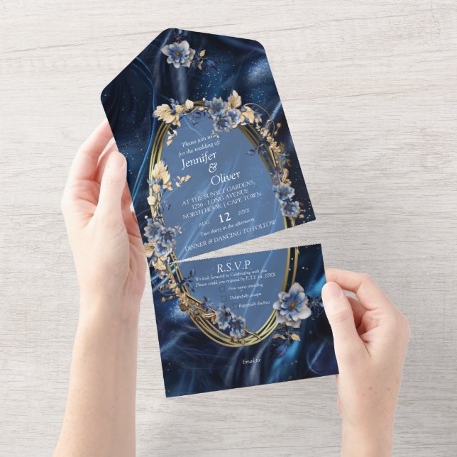White & Gold abstract flowers on Simmery Blue Silk All In One Invitation (Tearaway)