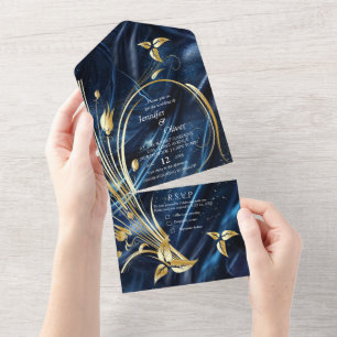 White & Gold abstract flowers on Simmery Blue Silk All In One Invitation