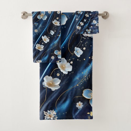 White  Gold abstract flowers on Simmery Blue Silk Bath Towel Set