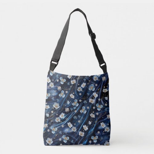White  Gold abstract flowers on Simmery Blue Silk Crossbody Bag