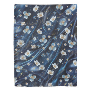 White & Gold abstract flowers on Simmery Blue Silk Duvet Cover