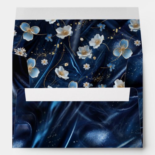 White  Gold abstract flowers on Simmery Blue Silk Envelope