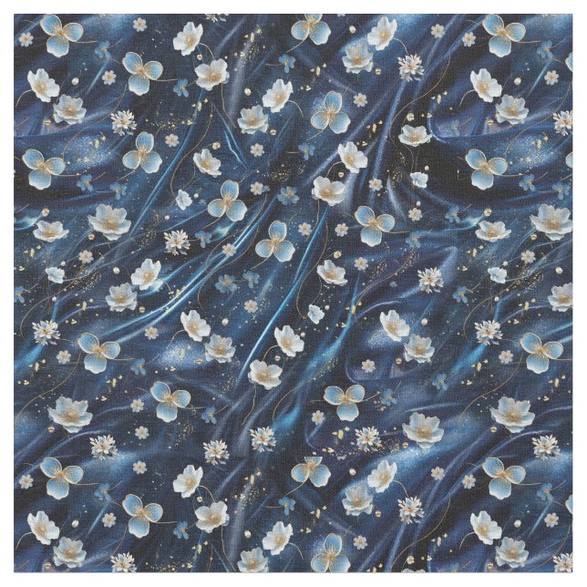 White & Gold abstract flowers on Simmery Blue Silk Fabric (Close Up)