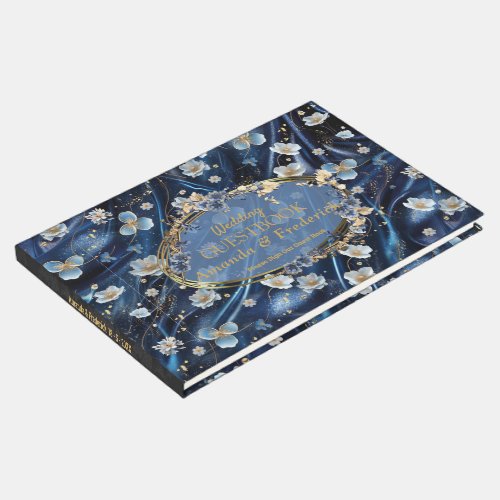 White  Gold abstract flowers on Simmery Blue Silk Guest Book
