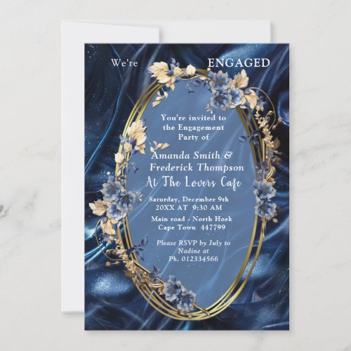 White  Gold abstract flowers on Simmery Blue Silk Invitation