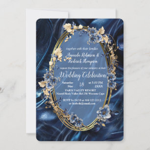 White & Gold abstract flowers on Simmery Blue Silk Invitation