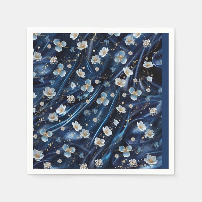 White & Gold abstract flowers on Simmery Blue Silk Napkins (Front)
