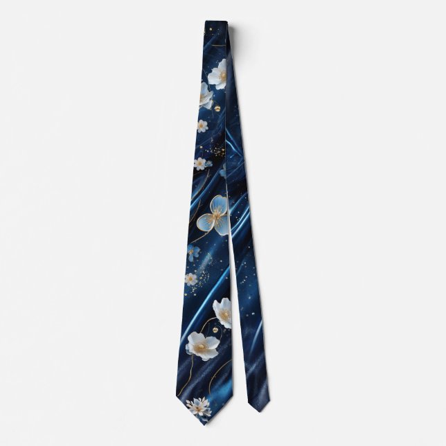 White & Gold abstract flowers on Simmery Blue Silk Neck Tie (Front)
