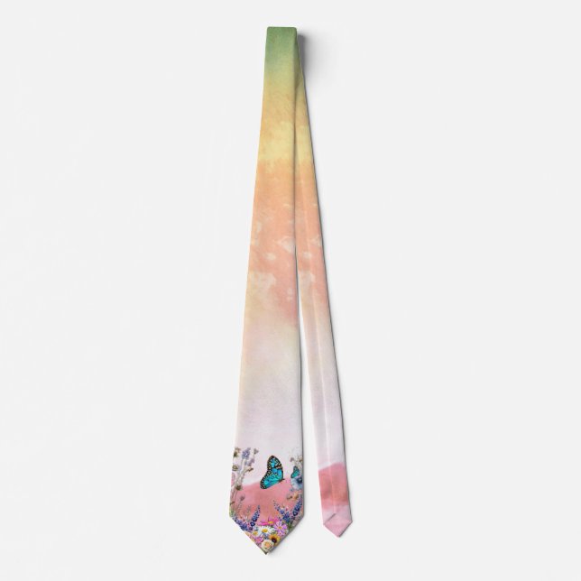 White & Gold abstract flowers on Simmery Blue Silk Neck Tie (Front)