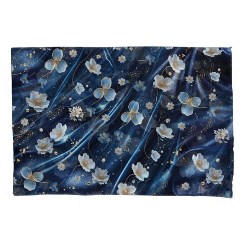 White  Gold abstract flowers on Simmery Blue Silk Pillow Case