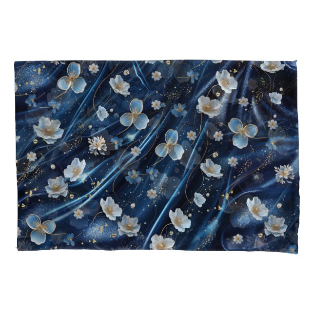 White & Gold abstract flowers on Simmery Blue Silk Pillow Case (Front)