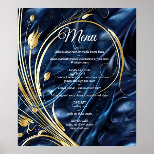 White  Gold abstract flowers on Simmery Blue Silk Poster