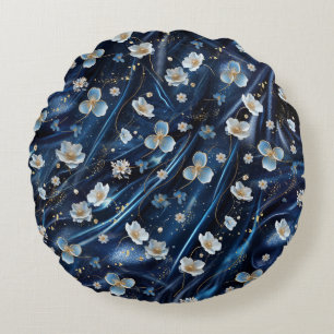 White & Gold abstract flowers on Simmery Blue Silk Round Pillow