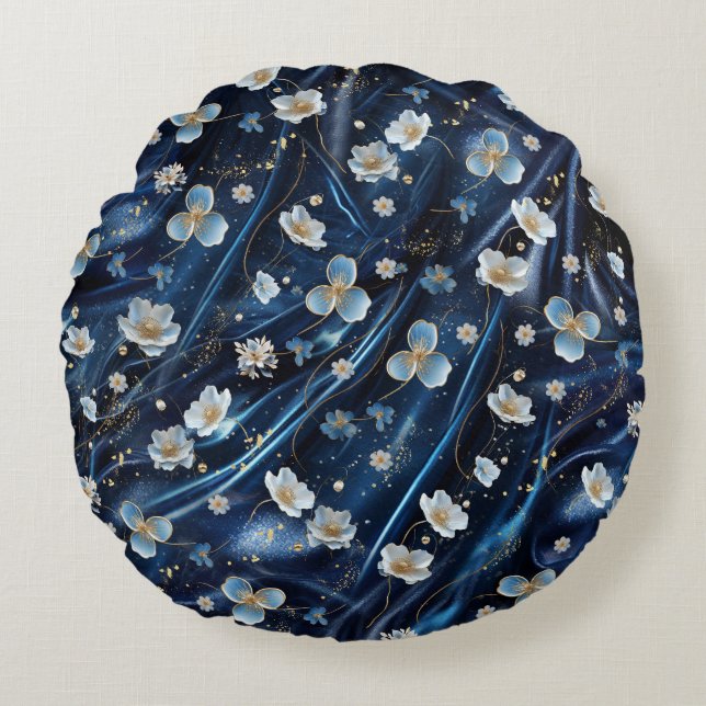 White & Gold abstract flowers on Simmery Blue Silk Round Pillow (Front)