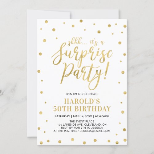 White  Gold  Adult 50th Surprise Birthday Party Invitation