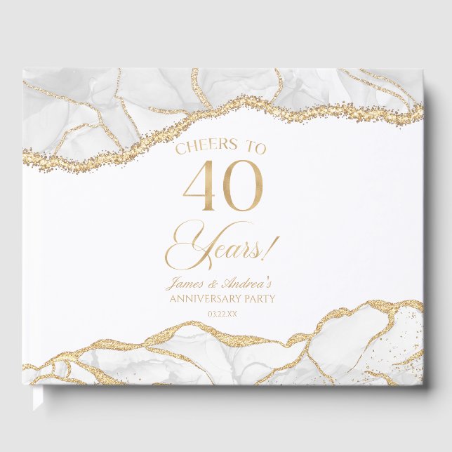 White Gold Agate 40th Wedding Anniversary Party Guest Book (Front)