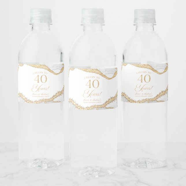 White Gold Agate 40th Wedding Anniversary Party Water Bottle Label (Bottles)