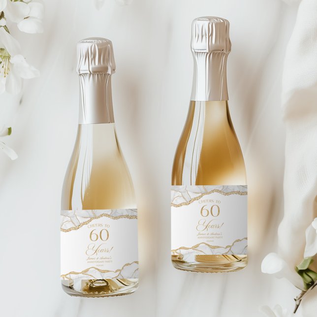 White Gold Agate 60th Wedding Anniversary Party Sparkling Wine Label (Creator Uploaded)