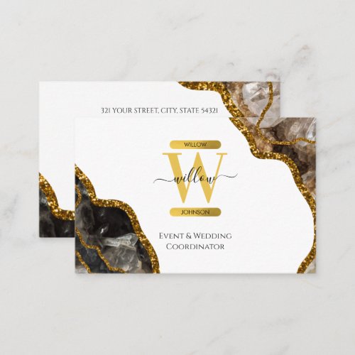 White  Gold Agate Geode Glitter Monogram Marble Business Card