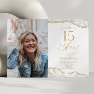 White Gold Agate Picture 15th Birthday Party Invitation