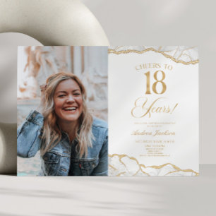White Gold Agate Picture 18th Birthday Party Invitation